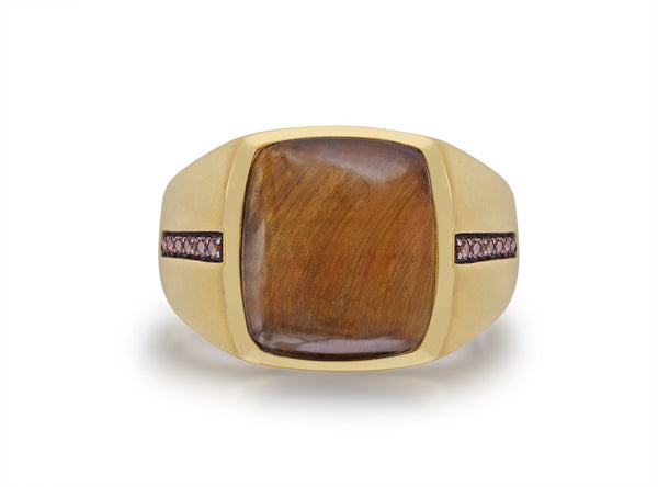 LuvMyJewelry Chatoyant Yellow Tiger Eye Stone & Champagne Diamond Signet Ring in 14K Yellow Gold Plated Sterling Silver LuvMyJewelry Chatoyant Yellow Tiger Eye Stone & Champagne Diamond Signet Ring in 14K Yellow Gold Plated Sterling Silver