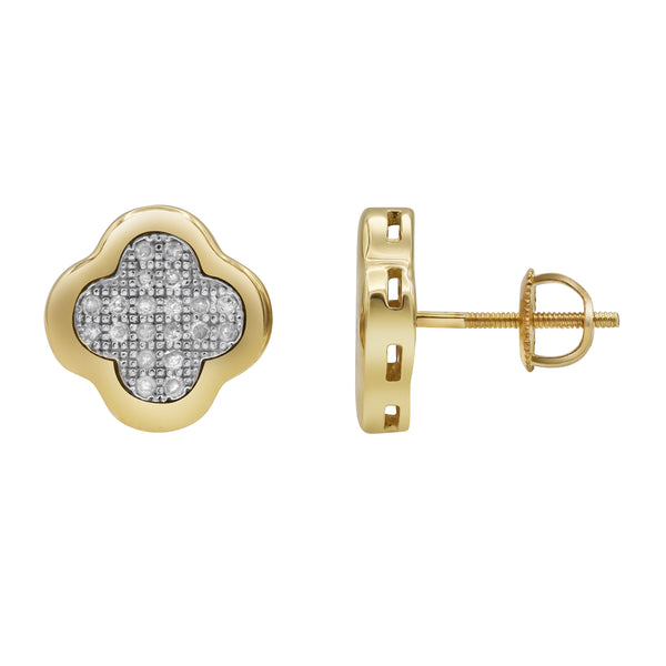 LuvMyJewelry Clover Stud 10K Yellow Gold Diamond Earrings 0.21 Ct. Tw