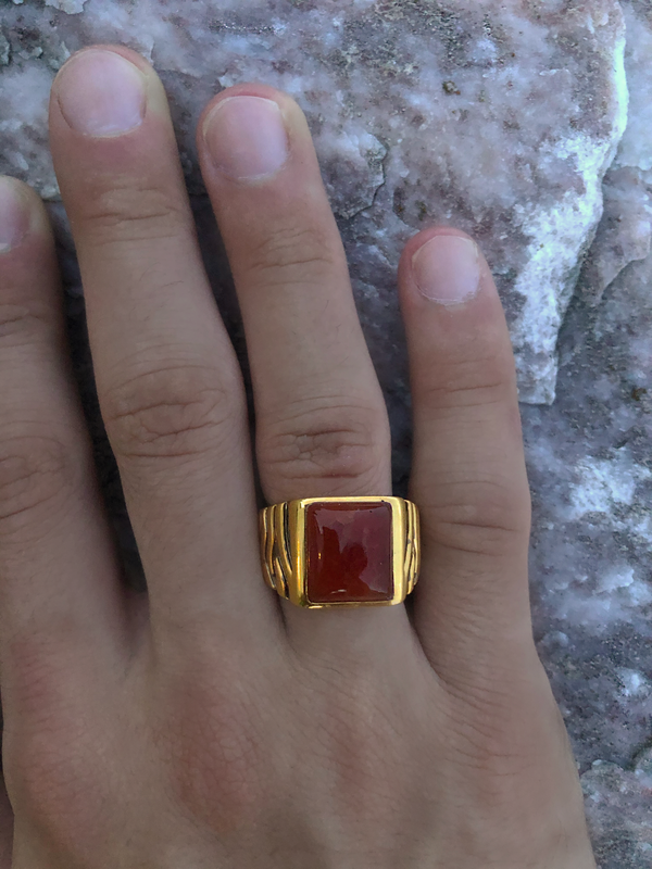 LuvMyJewelry Cracked Agate Stone Signet Ring In Brown Rhodium & 14K Yellow Gold Plated Sterling Silver