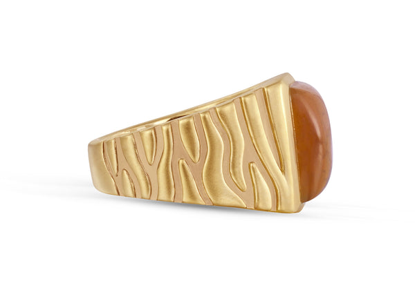 LuvMyJewelry Cracked Agate Stone Signet Ring In Brown Rhodium & 14K Yellow Gold Plated Sterling Silver