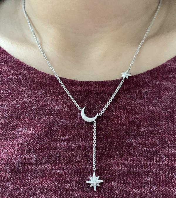 LuvMyJewelry Crescent North Star Diamond Drop Necklace In 14K White Gold