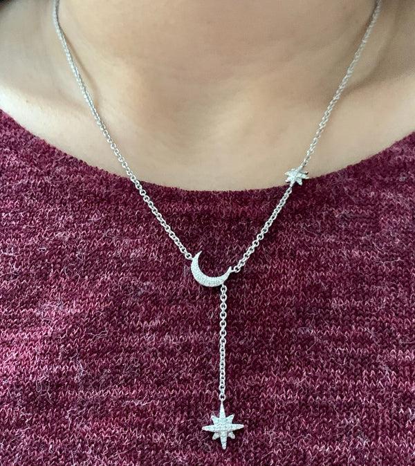 LuvMyJewelry Crescent North Star Diamond Drop Necklace In Sterling Silver