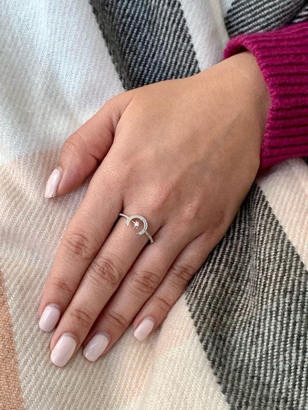 LuvMyJewelry Crescent North Star Diamond Ring In 14K White Gold