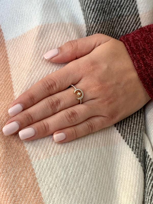 LuvMyJewelry Crescent North Star Diamond Ring In 14K Yellow Gold Vermeil On Sterling Silver