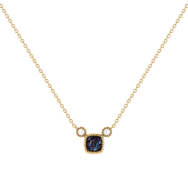 LuvMyJewelry Cushion Cut Alexandrite & Diamond Birthstone Necklace In 14K Yellow Gold