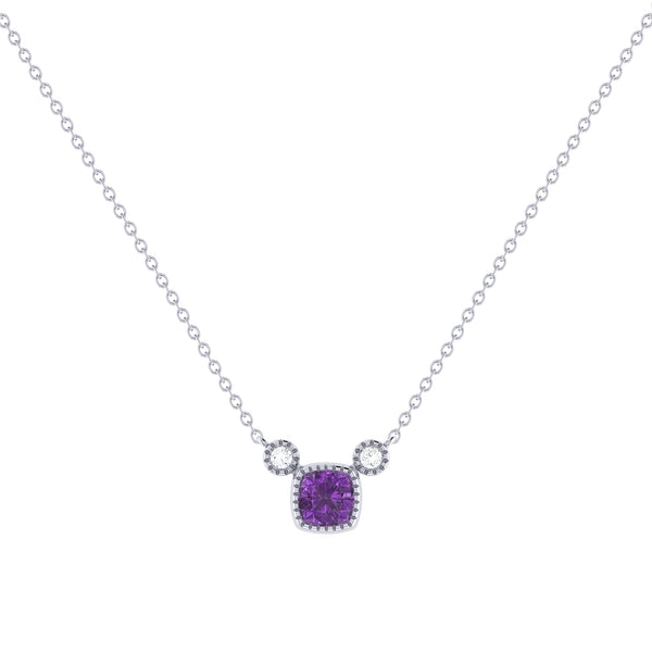 LuvMyJewelry Cushion Cut Amethyst & Diamond Birthstone Necklace In 14K White Gold