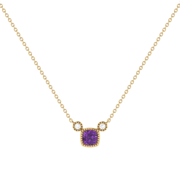 LuvMyJewelry Cushion Cut Amethyst & Diamond Birthstone Necklace In 14K Yellow Gold