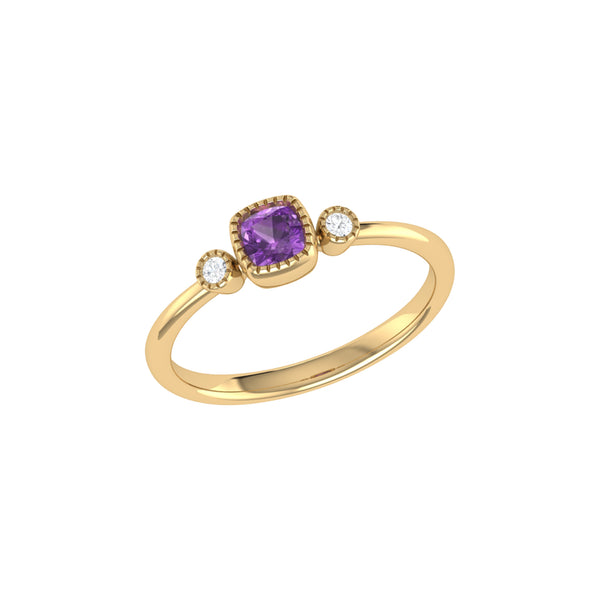 LuvMyJewelry Cushion Cut Amethyst & Diamond Birthstone Ring in 14K Yellow Gold
