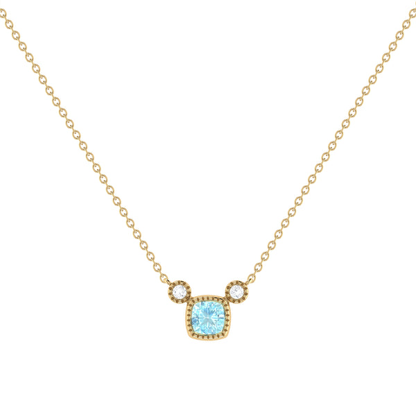 LuvMyJewelry Cushion Cut Aquamarine & Diamond Birthstone Necklace In 14K Yellow Gold