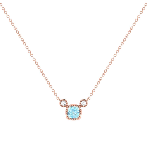 LuvMyJewelry Cushion Cut Aquamarine & Diamond Birthstone Necklace In 14K Rose Gold