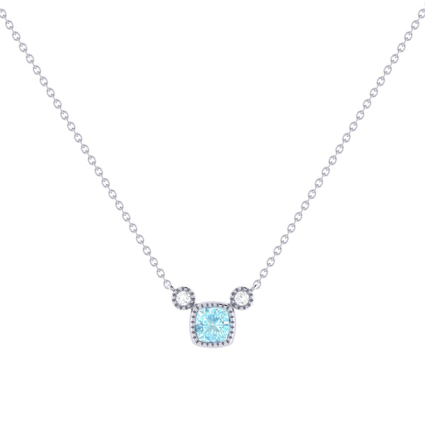 LuvMyJewelry Cushion Cut Aquamarine & Diamond Birthstone Necklace In 14K White Gold