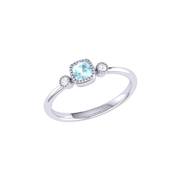 LuvMyJewelry Cushion Cut Aquamarine & Diamond Birthstone Ring In 14K White Gold