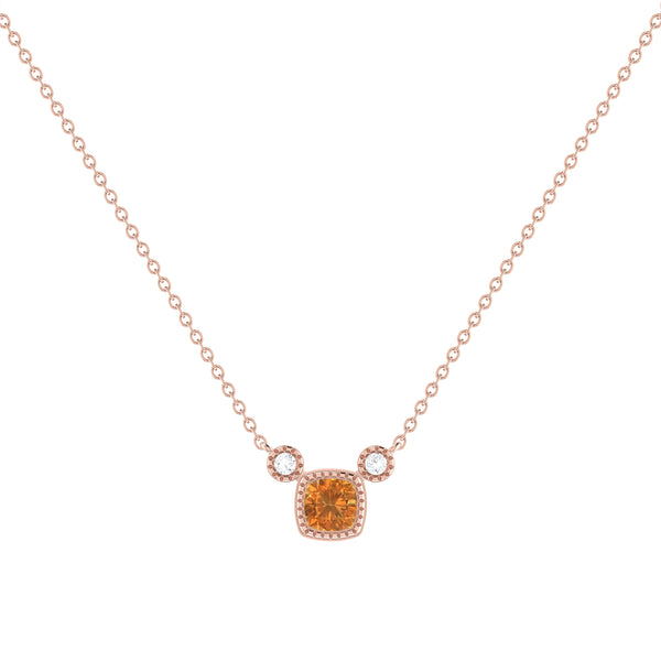LuvMyJewelry Cushion Cut Citrine & Diamond Birthstone Necklace In 14K Rose Gold