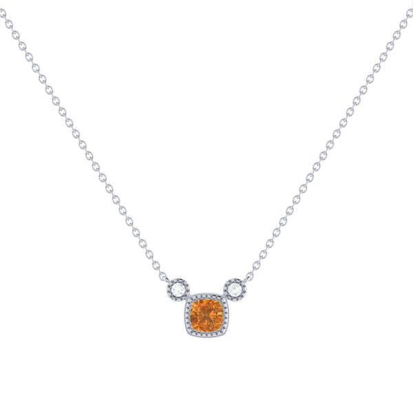 LuvMyJewelry Cushion Cut Citrine & Diamond Birthstone Necklace In 14K White Gold
