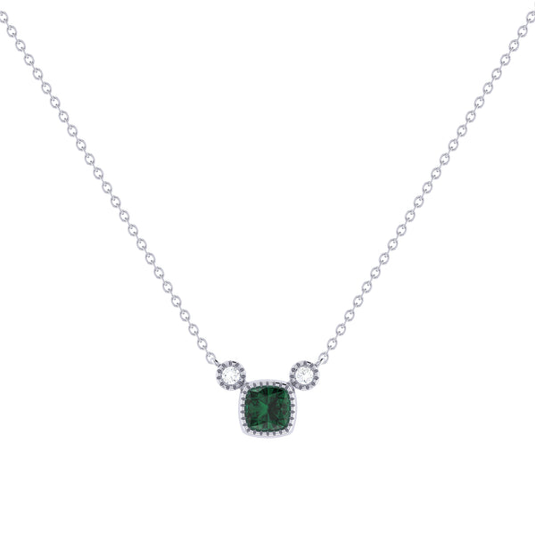 LuvMyJewelry Cushion Cut Emerald & Diamond Birthstone Necklace In 14K White Gold