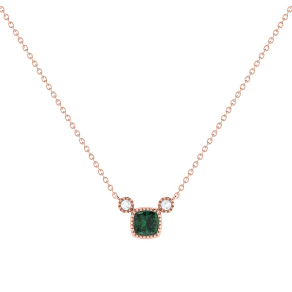 LuvMyJewelry Cushion Cut Emerald & Diamond Birthstone Necklace In 14K Rose Gold