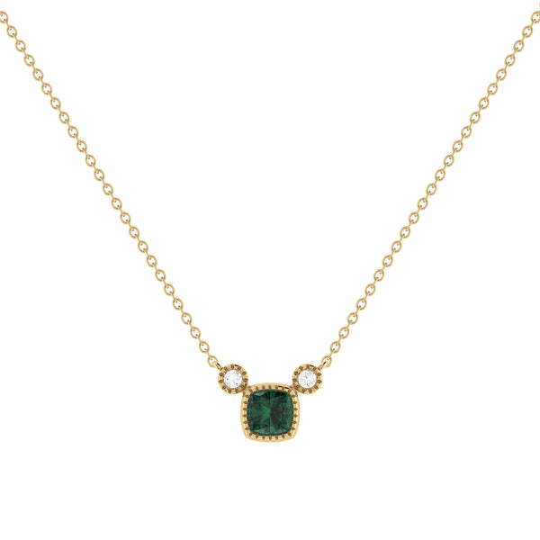 LuvMyJewelry Cushion Cut Emerald & Diamond Birthstone Necklace In 14K Yellow Gold