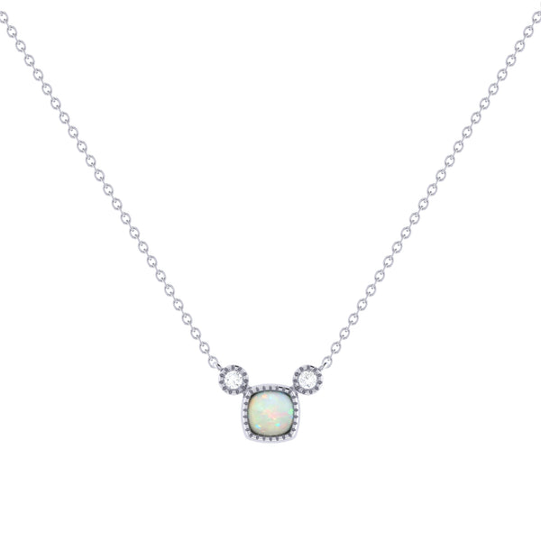 LuvMyJewelry Cushion Cut Opal & Diamond Birthstone Necklace In 14K White Gold