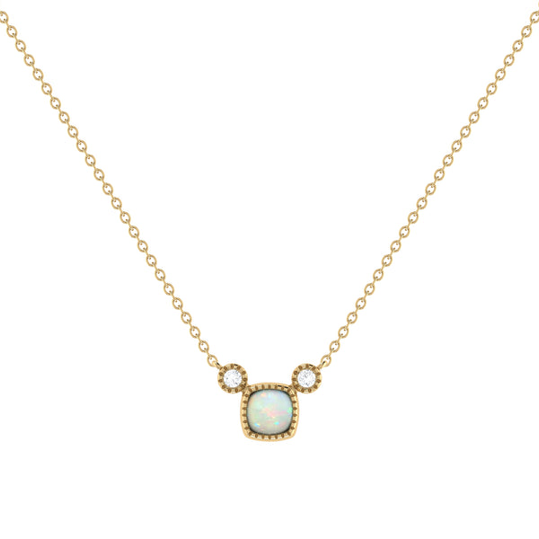 LuvMyJewelry Cushion Cut Opal & Diamond Birthstone Necklace In 14K Yellow Gold