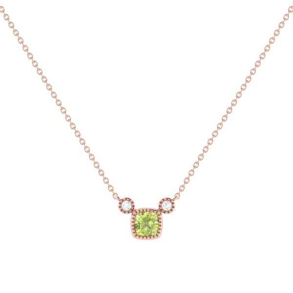 LuvMyJewelry Cushion Cut Peridot & Diamond Birthstone Necklace In 14K Rose Gold