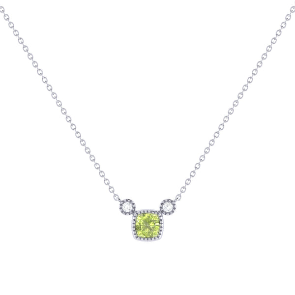 LuvMyJewelry Cushion Cut Peridot & Diamond Birthstone Necklace In 14K White Gold