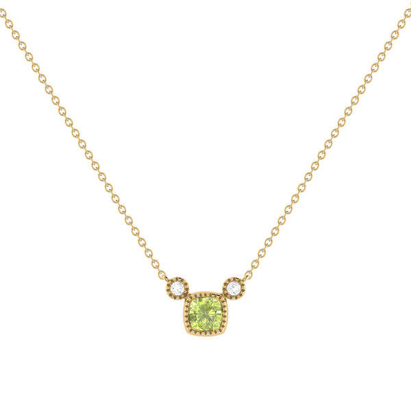 LuvMyJewelry Cushion Cut Peridot & Diamond Birthstone Necklace In 14K Yellow Gold