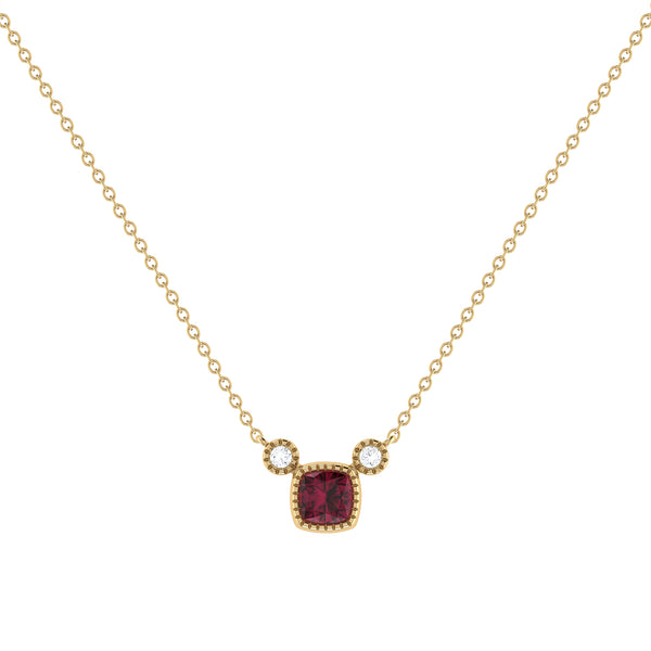 LuvMyJewelry Cushion Cut Ruby & Diamond Birthstone Necklace In 14K Yellow Gold