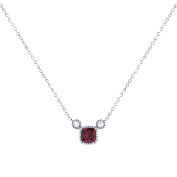 LuvMyJewelry Cushion Cut Ruby & Diamond Birthstone Necklace In 14K White Gold