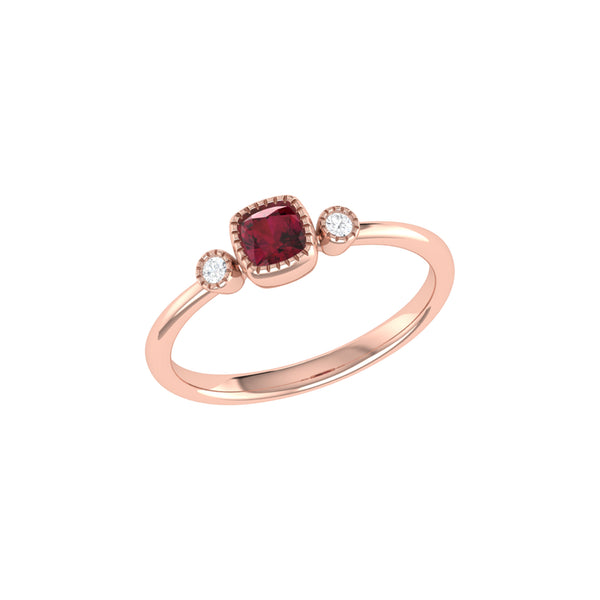 LuvMyJewelry Cushion Cut Ruby & Diamond Birthstone Ring In 14K Rose Gold