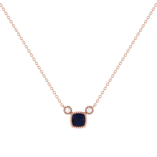 LuvMyJewelry Cushion Cut Sapphire & Diamond Birthstone Necklace In 14K Rose Gold