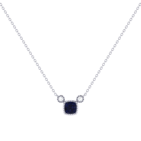 LuvMyJewelry Cushion Cut Sapphire & Diamond Birthstone Necklace In 14K White Gold