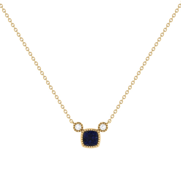 LuvMyJewelry Cushion Cut Sapphire & Diamond Birthstone Necklace In 14K Yellow Gold