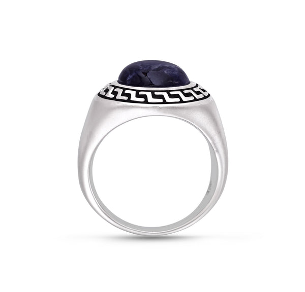 LuvMyJewelry Dark Blue Sodalite Stone Signet Ring In Black Rhodium Plated Sterling Silver
