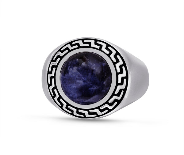 LuvMyJewelry Dark Blue Sodalite Stone Signet Ring in Black Rhodium Plated Sterling Silver