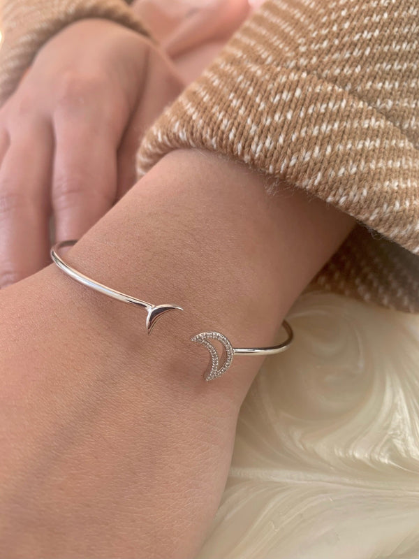 LuvMyJewelry Date Night Double Crescent Adjustable Diamond Cuff In Sterling Silver