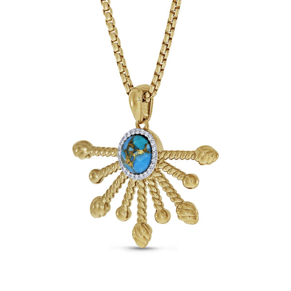 LuvMyJewelry Day Break Half Sun Turquoise Diamond Pendant In 14K Yellow Gold Plated Sterling Silver