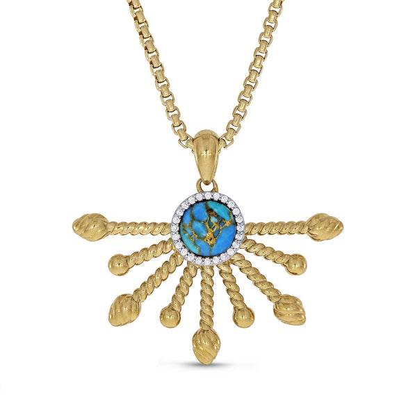 LuvMyJewelry Day Break Half Sun Turquoise Diamond Pendant In 14K Yellow Gold Plated Sterling Silver