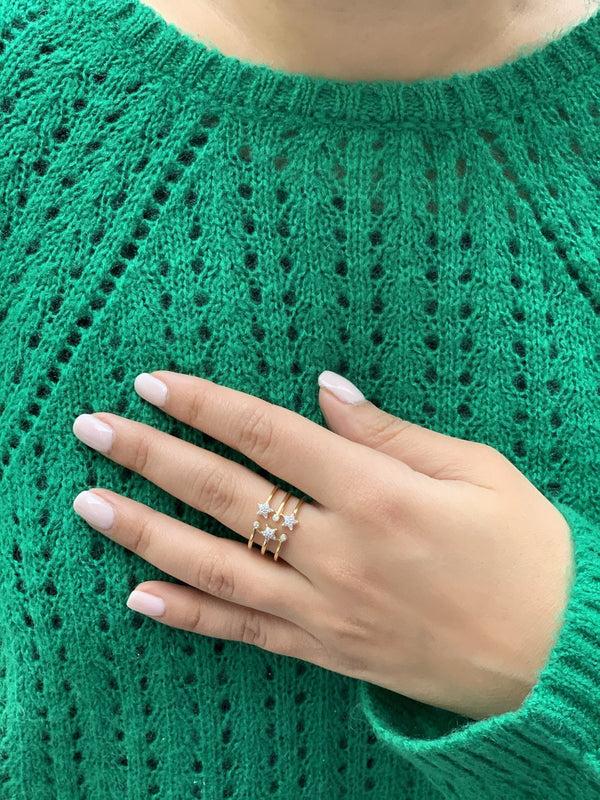 LuvMyJewelry Dazzling Star Bezel Trio Diamond Ring In 14K Yellow Gold