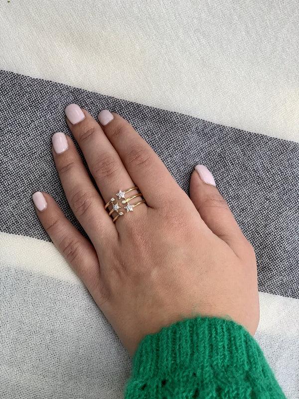 LuvMyJewelry Dazzling Star Bezel Trio Diamond Ring In 14K Yellow Gold Vermeil On Sterling Silver