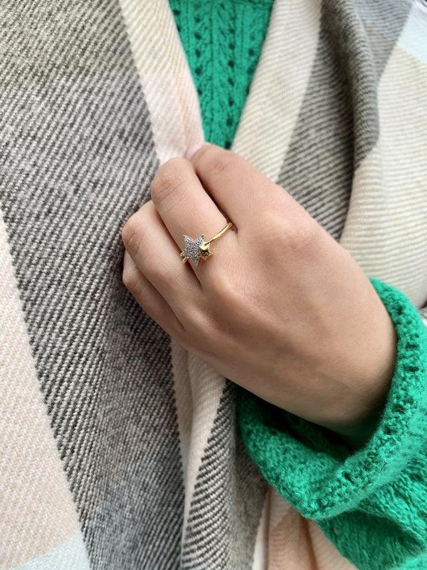 LuvMyJewelry Dazzling Starkissed Duo Diamond Ring In 14K Yellow Gold Vermeil On Sterling Silver