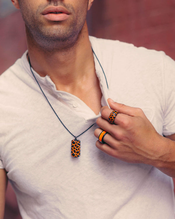 LuvMyJewelry Earth & Fire Black Rhodium Plated Sterling Silver Textured Red Orange Enamel Tag