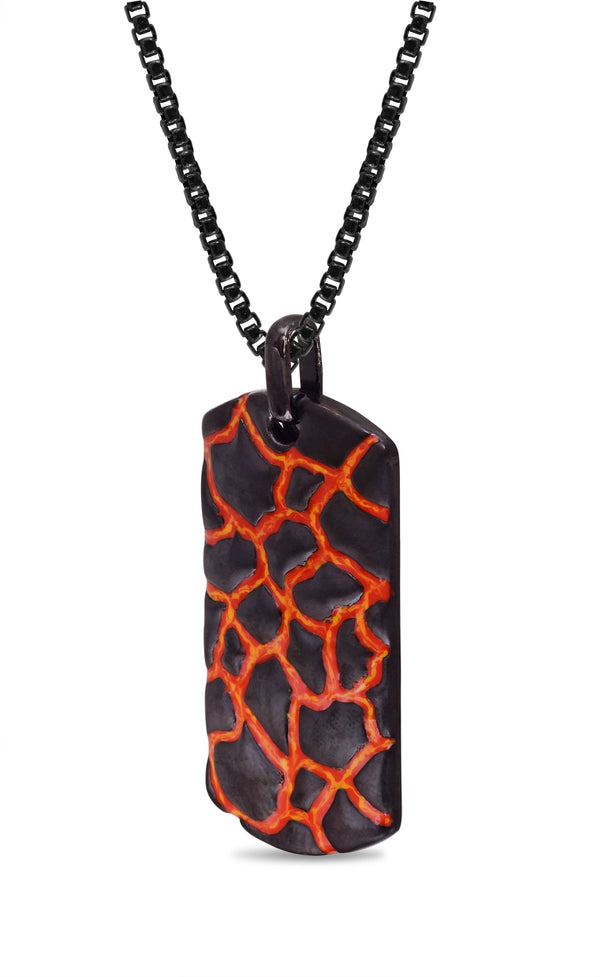LuvMyJewelry Earth & Fire Black Rhodium Plated Sterling Silver Textured Red Orange Enamel Tag