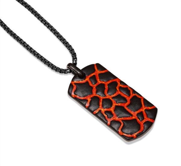 LuvMyJewelry Earth & Fire Black Rhodium Plated Sterling Silver Textured Red Orange Enamel Tag