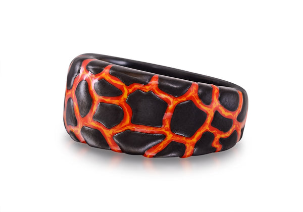 LuvMyJewelry Earth & Fire Black Rhodium Plated Sterling Silver Textured Red Orange Enamel Band Ring