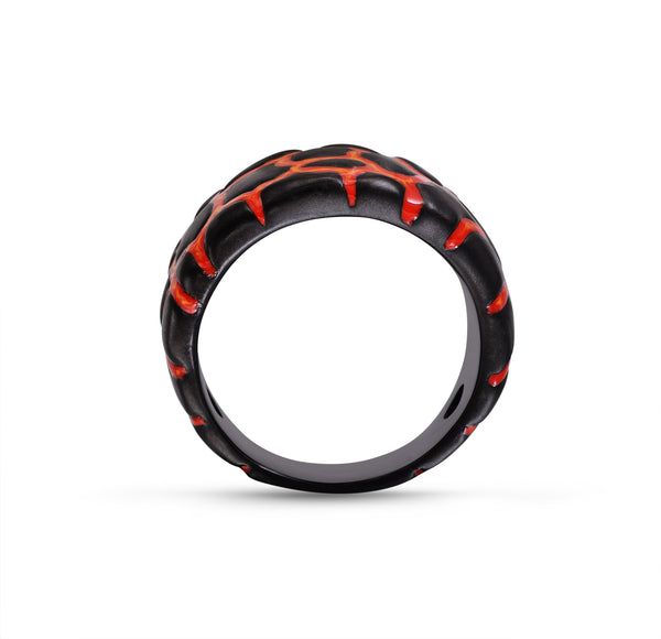 LuvMyJewelry Earth & Fire Black Rhodium Plated Sterling Silver Textured Red Orange Enamel Band Ring