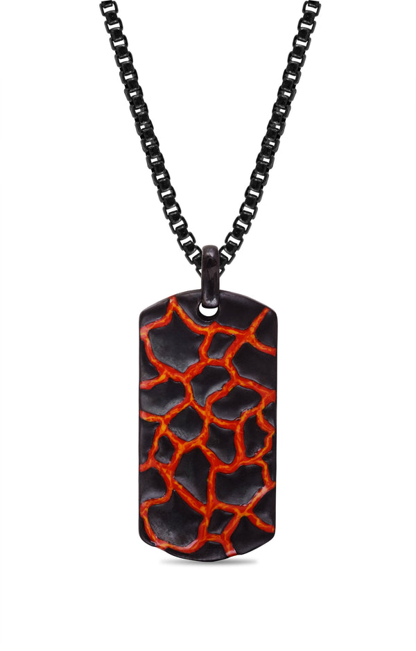 LuvMyJewelry Earth & Fire Black Rhodium Plated Sterling Silver Textured Red Orange Enamel Tag