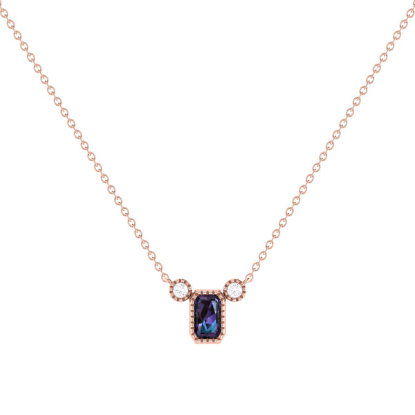 LuvMyJewelry Emerald Cut Alexandrite & Diamond Birthstone Necklace In 14K Rose Gold