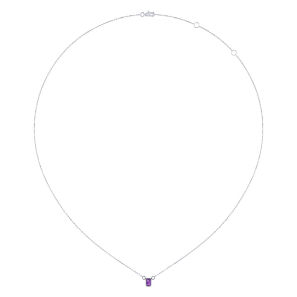 LuvMyJewelry Emerald Cut Amethyst & Diamond Birthstone Necklace In 14K White Gold