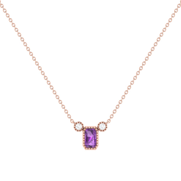 LuvMyJewelry Emerald Cut Amethyst & Diamond Birthstone Necklace In 14K Rose Gold