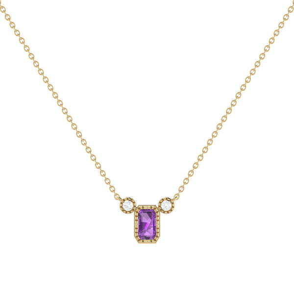 LuvMyJewelry Emerald Cut Amethyst & Diamond Birthstone Necklace In 14K Yellow Gold